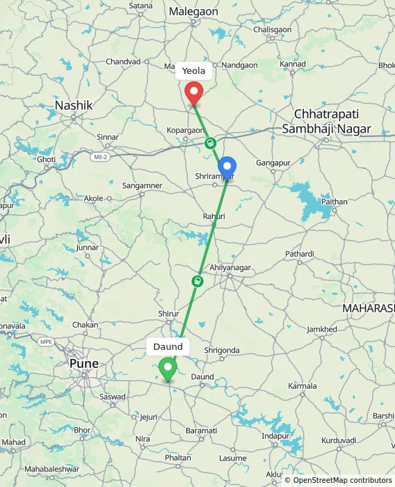 Route map showing distance and travel time from Daund, India to Yeola, India