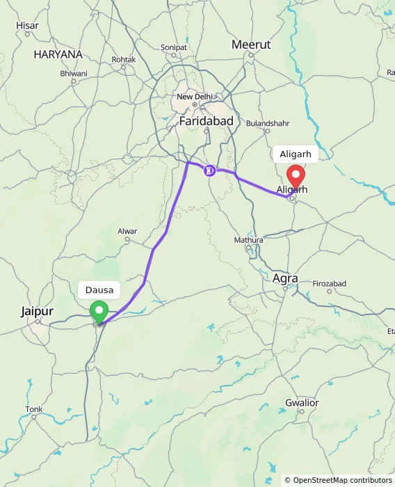 Route map showing distance and travel time from Dausa, India to Aligarh, India