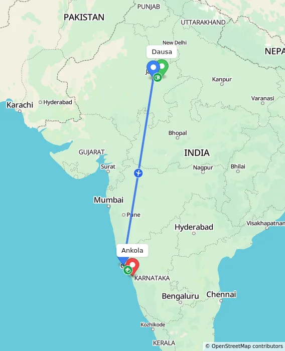 Route map showing distance and travel time from Dausa, India to Ankola, India