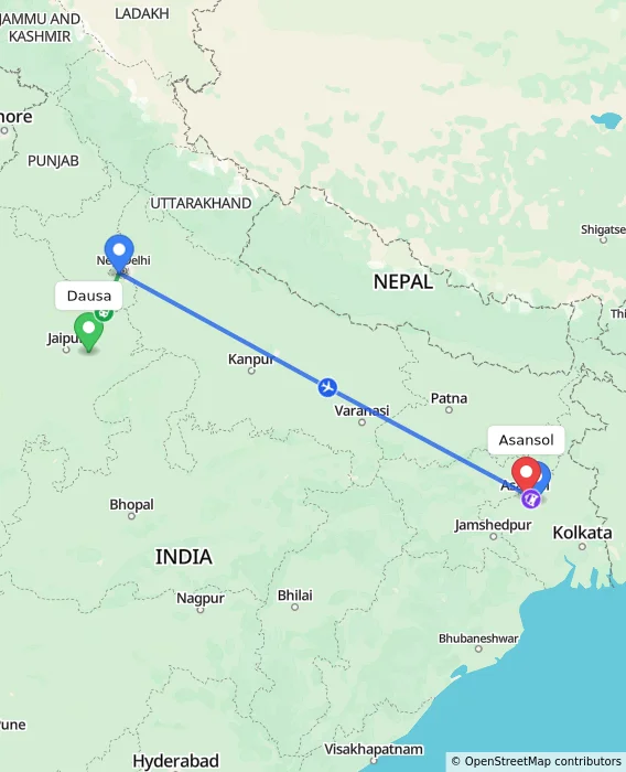 Route map showing distance and travel time from Dausa, India to Asansol, India