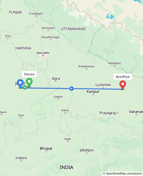 Route map showing distance and travel time from Dausa, India to Ayodhya, India