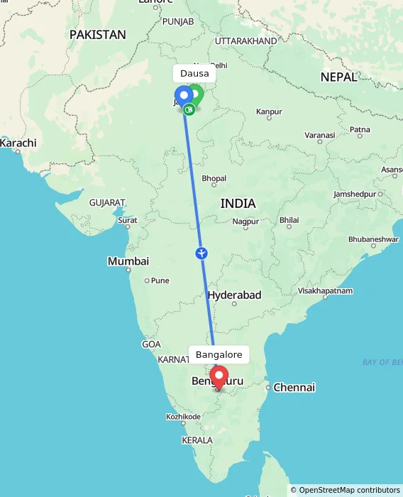 Route map showing distance and travel time from Dausa, India to Bangalore, India