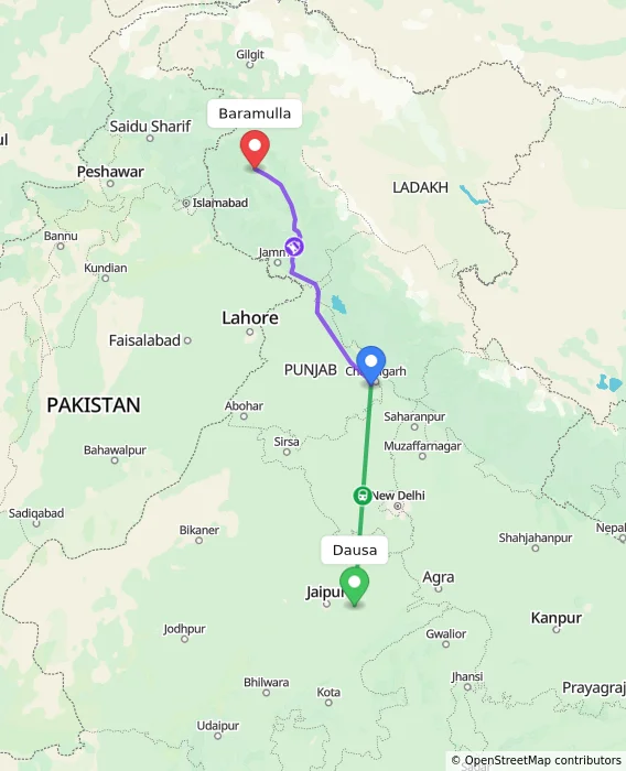 Route map showing distance and travel time from Dausa, India to Baramulla, India