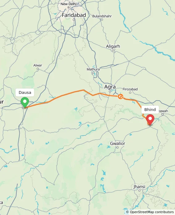 Route map showing distance and travel time from Dausa, India to Bhind, India