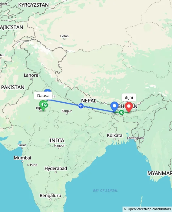 Route map showing distance and travel time from Dausa, India to Bijni, India