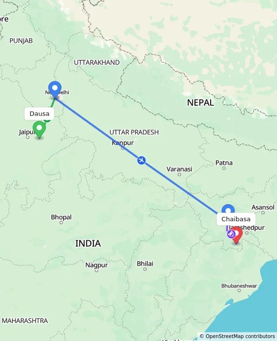 Route map showing distance and travel time from Dausa, India to Chaibasa, India