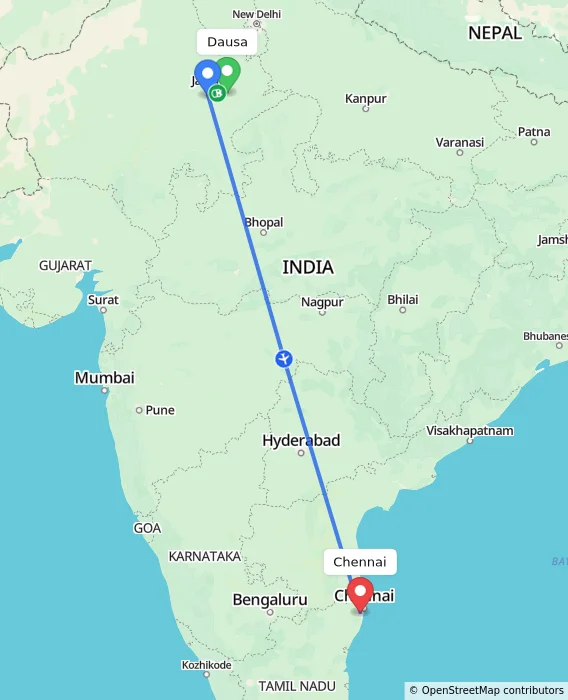 Route map showing distance and travel time from Dausa, India to Chennai, India
