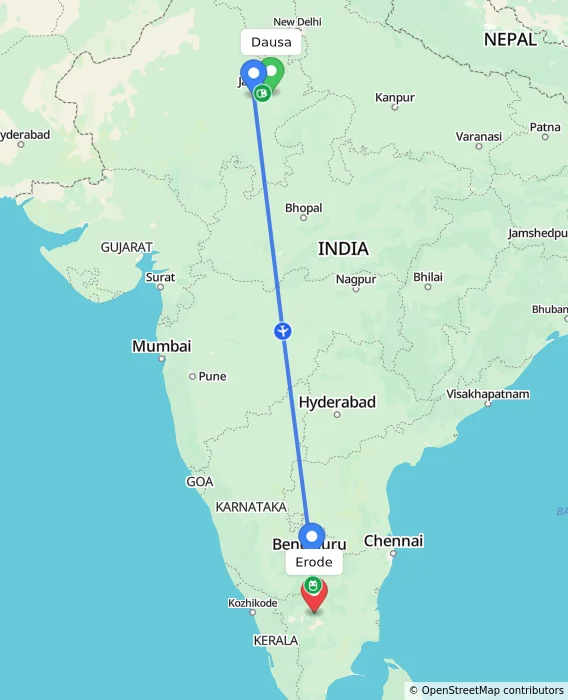 Route map showing distance and travel time from Dausa, India to Erode, India