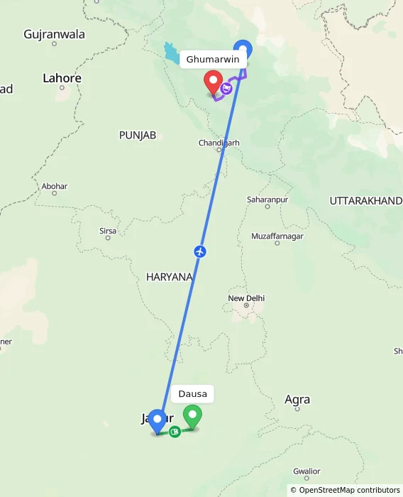 Route map showing distance and travel time from Dausa, India to Ghumarwin, India