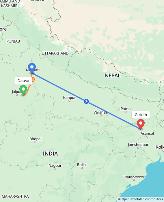 Route map showing distance and travel time from Dausa, India to Giridih, India
