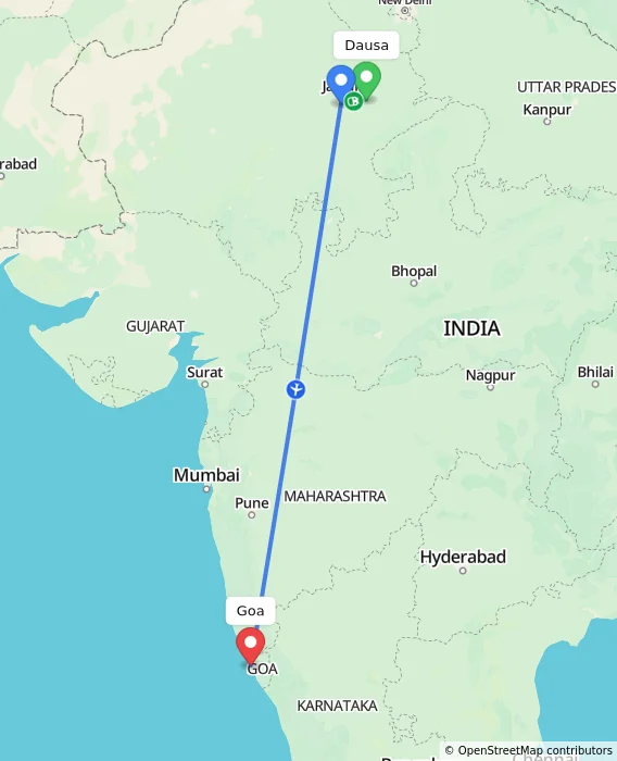 Route map showing distance and travel time from Dausa, India to Goa, India