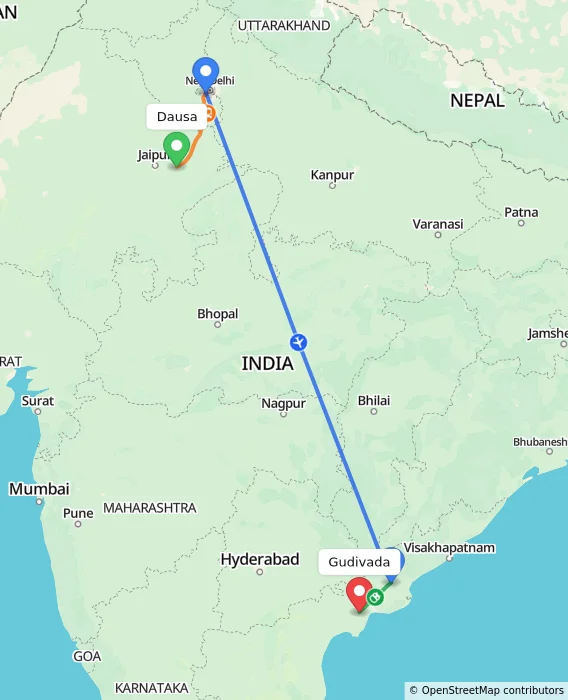Route map showing distance and travel time from Dausa, India to Gudivada, India