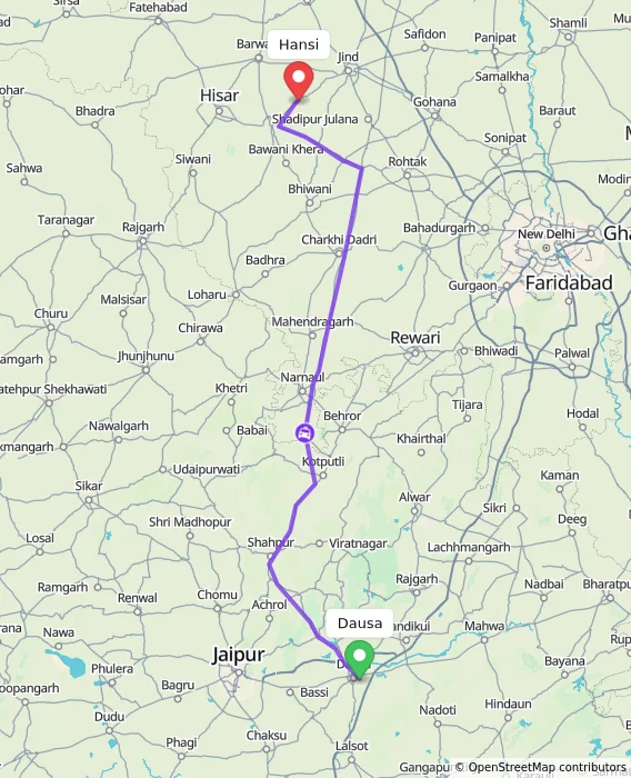 Route map showing distance and travel time from Dausa, India to Hansi, India