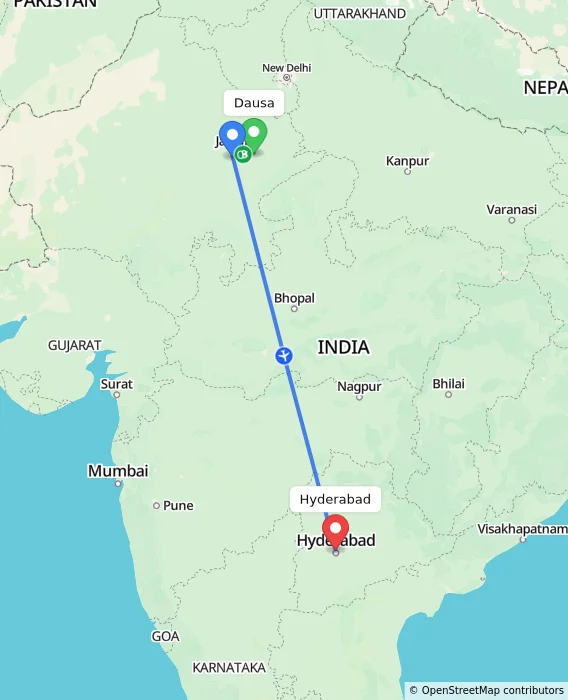 Route map showing distance and travel time from Dausa, India to Hyderabad, India