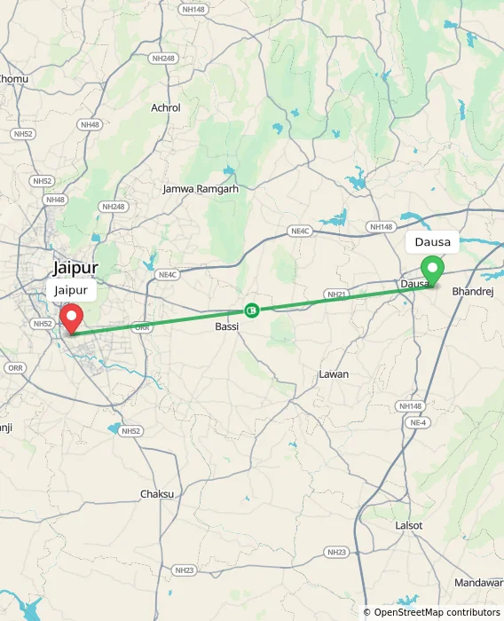 Route map showing distance and travel time from Dausa, India to Jaipur, India
