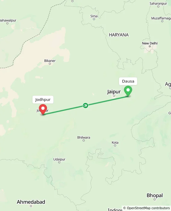 Route map showing distance and travel time from Dausa, India to Jodhpur, India