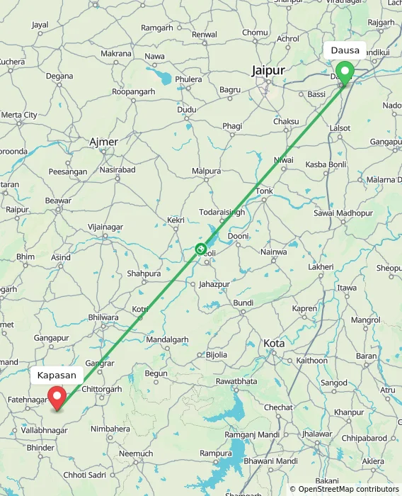 Route map showing distance and travel time from Dausa, India to Kapasan, India