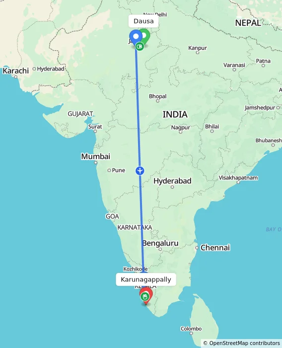 Route map showing distance and travel time from Dausa, India to Karunagappally, India