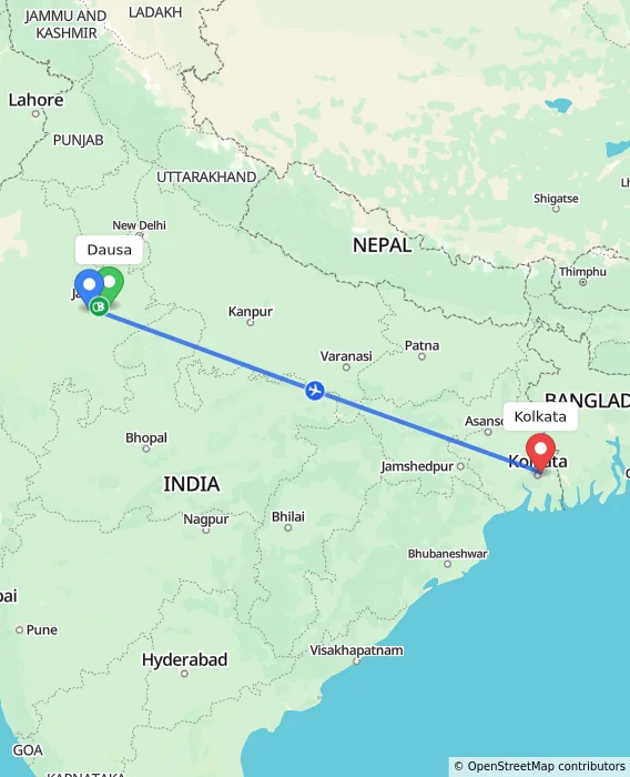 Route map showing distance and travel time from Dausa, India to Kolkata, India
