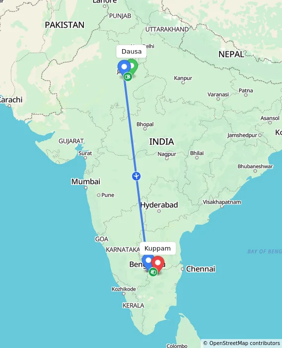 Route map showing distance and travel time from Dausa, India to Kuppam, India