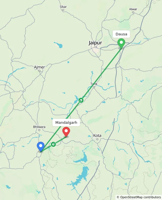 Route map showing distance and travel time from Dausa, India to Mandalgarh, India