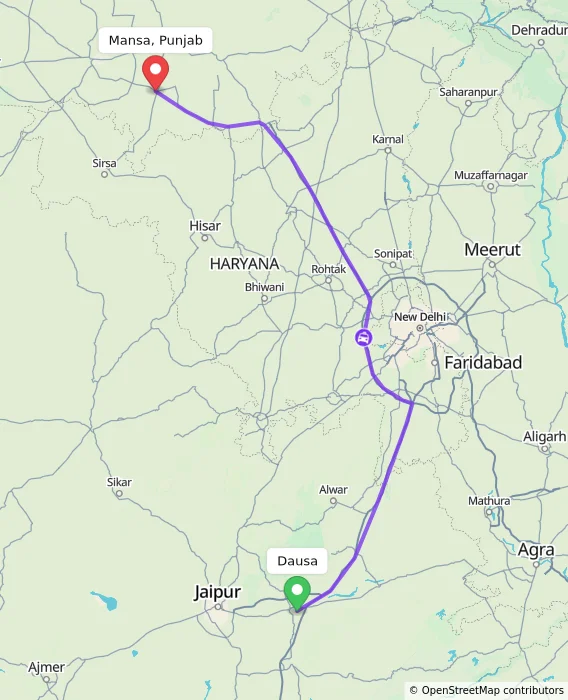 Route map showing distance and travel time from Dausa, India to Mansa, Punjab, India
