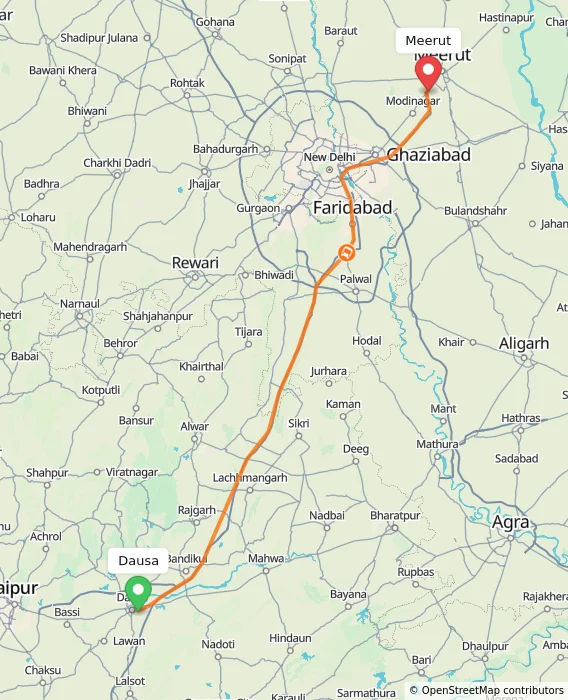 Route map showing distance and travel time from Dausa, India to Meerut, India