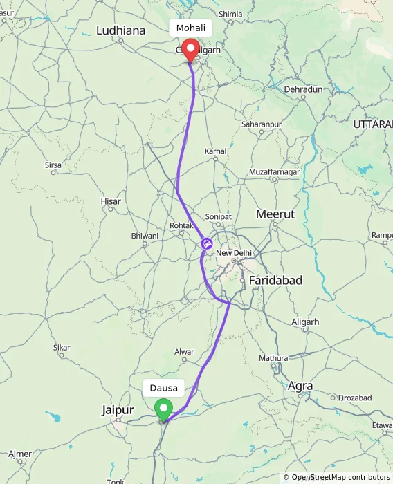 Route map showing distance and travel time from Dausa, India to Mohali, India