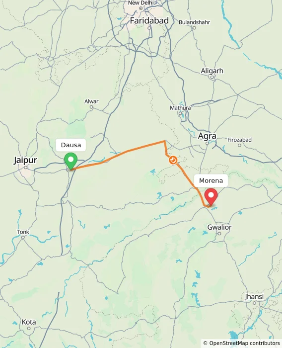 Route map showing distance and travel time from Dausa, India to Morena, India