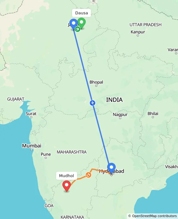 Route map showing distance and travel time from Dausa, India to Mudhol, India