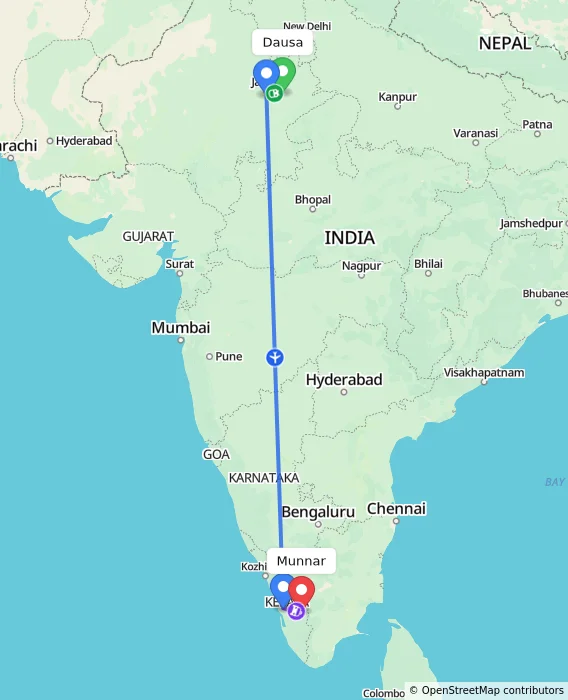 Route map showing distance and travel time from Dausa, India to Munnar, India