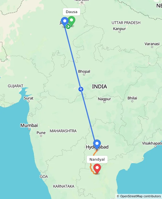 Route map showing distance and travel time from Dausa, India to Nandyal, India
