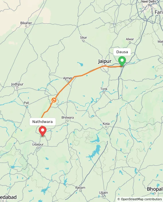 Route map showing distance and travel time from Dausa, India to Nathdwara, India