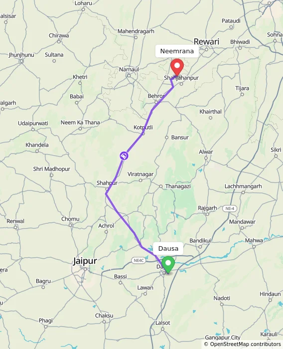 Route map showing distance and travel time from Dausa, India to Neemrana, India