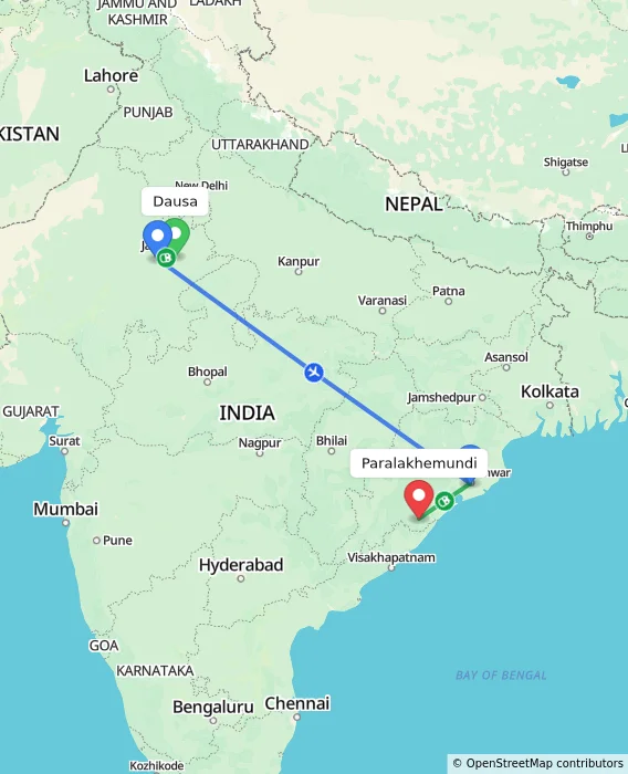 Route map showing distance and travel time from Dausa, India to Paralakhemundi, India