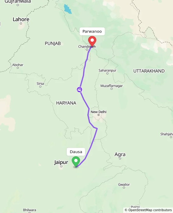 Route map showing distance and travel time from Dausa, India to Parwanoo, India