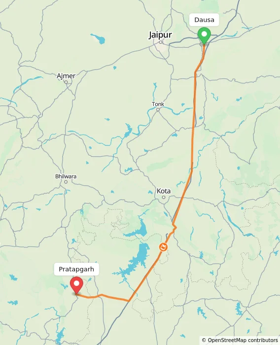 Route map showing distance and travel time from Dausa, India to Pratapgarh, India