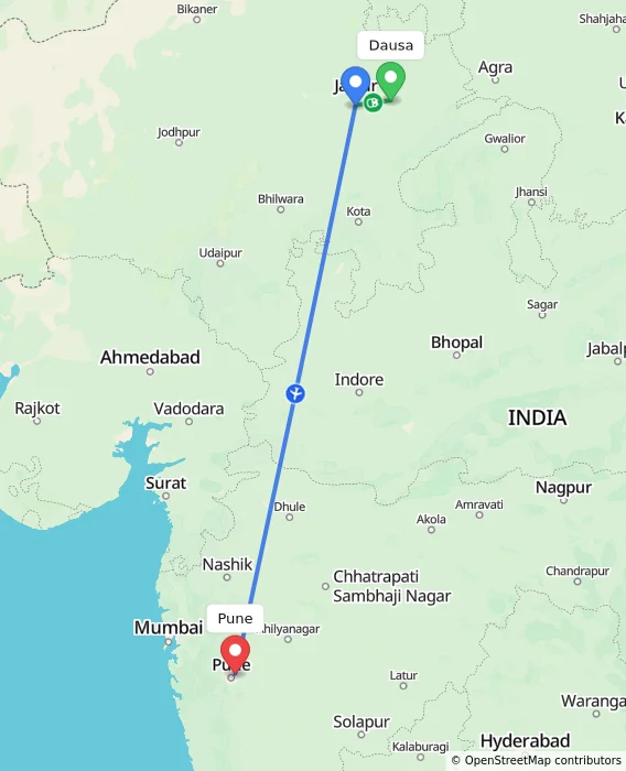 Route map showing distance and travel time from Dausa, India to Pune, India
