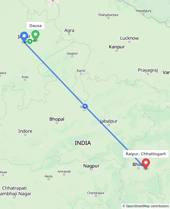 Route map showing distance and travel time from Dausa, India to Raipur, Chhattisgarh, India