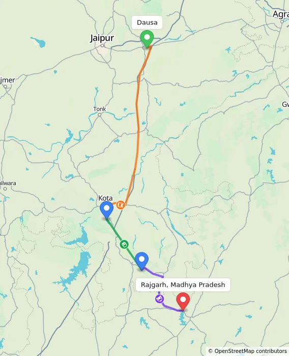 Route map showing distance and travel time from Dausa, India to Rajgarh, Madhya Pradesh, India