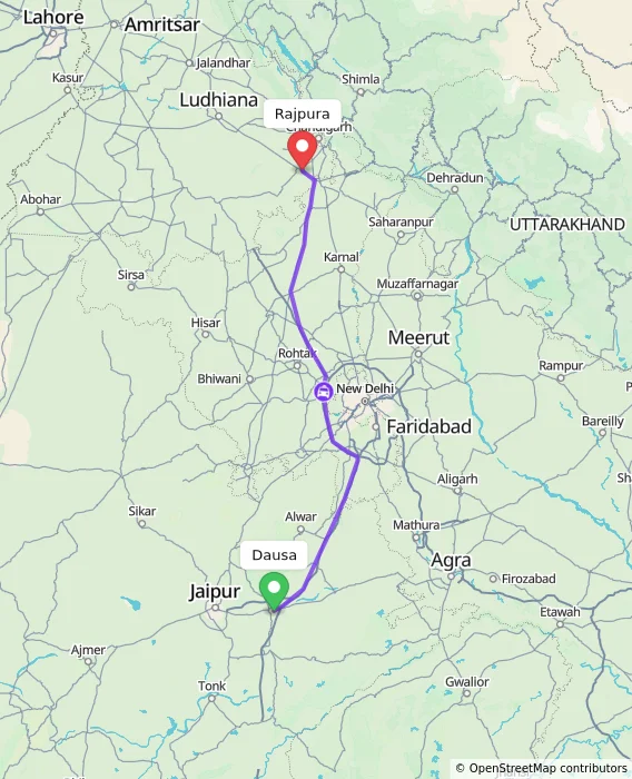 Route map showing distance and travel time from Dausa, India to Rajpura, India
