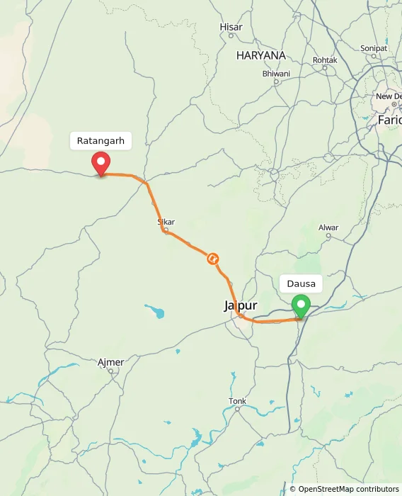 Route map showing distance and travel time from Dausa, India to Ratangarh, India