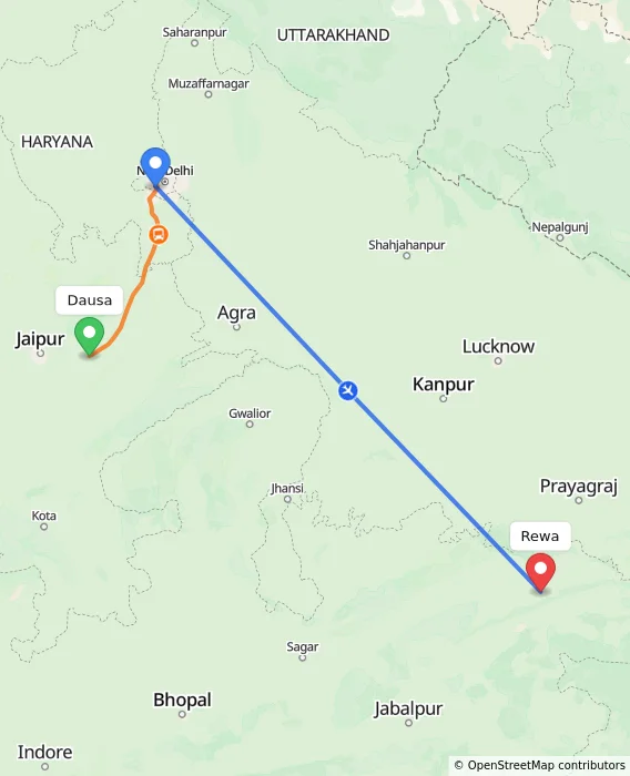 Route map showing distance and travel time from Dausa, India to Rewa, India