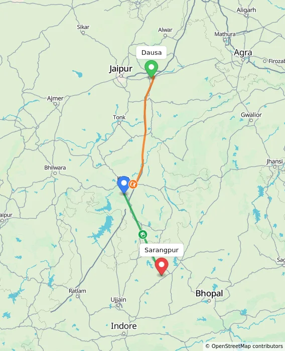 Route map showing distance and travel time from Dausa, India to Sarangpur, India