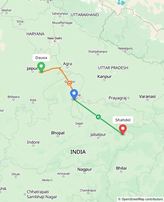 Route map showing distance and travel time from Dausa, India to Shahdol, India