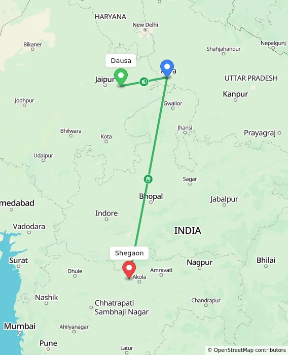 Route map showing distance and travel time from Dausa, India to Shegaon, India