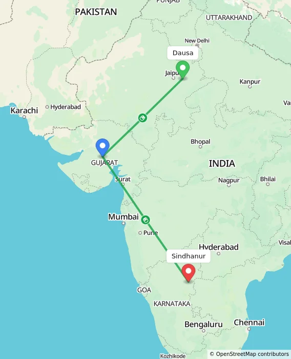 Route map showing distance and travel time from Dausa, India to Sindhanur, India