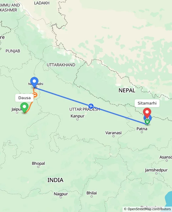 Route map showing distance and travel time from Dausa, India to Sitamarhi, India