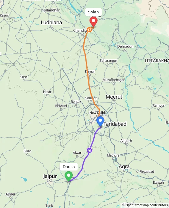 Route map showing distance and travel time from Dausa, India to Solan, India