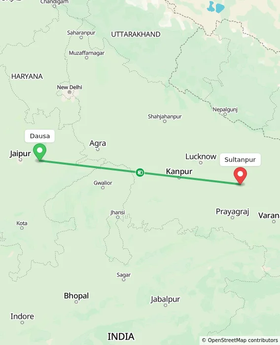 Route map showing distance and travel time from Dausa, India to Sultanpur, India